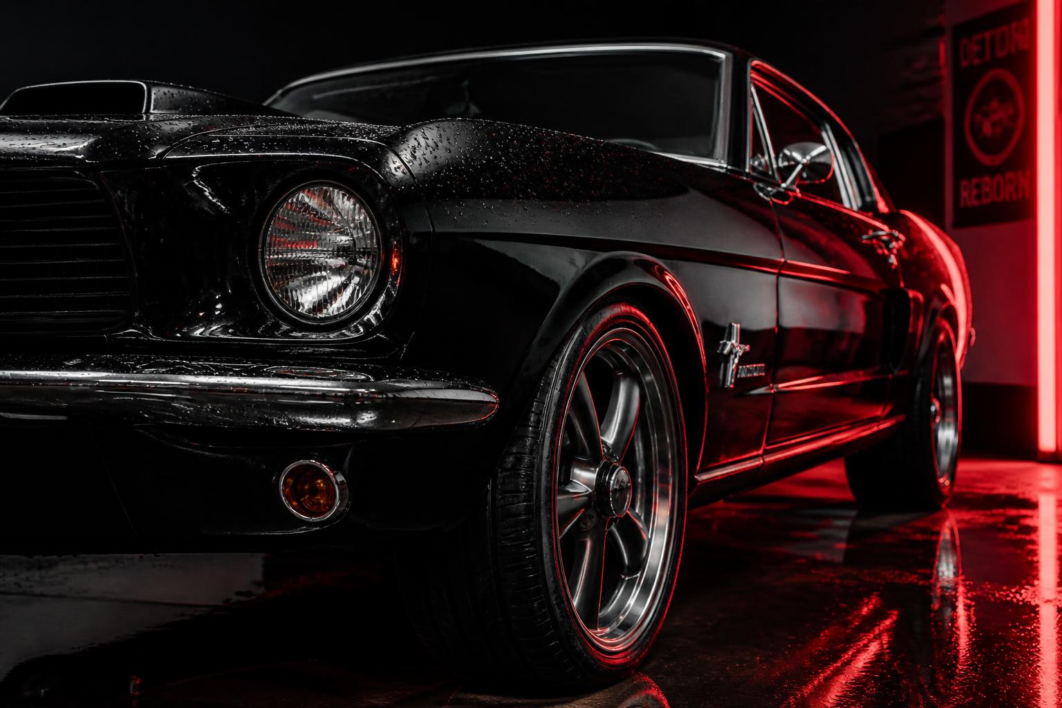 Freshly detailed black classic muscle car with red rim lighting